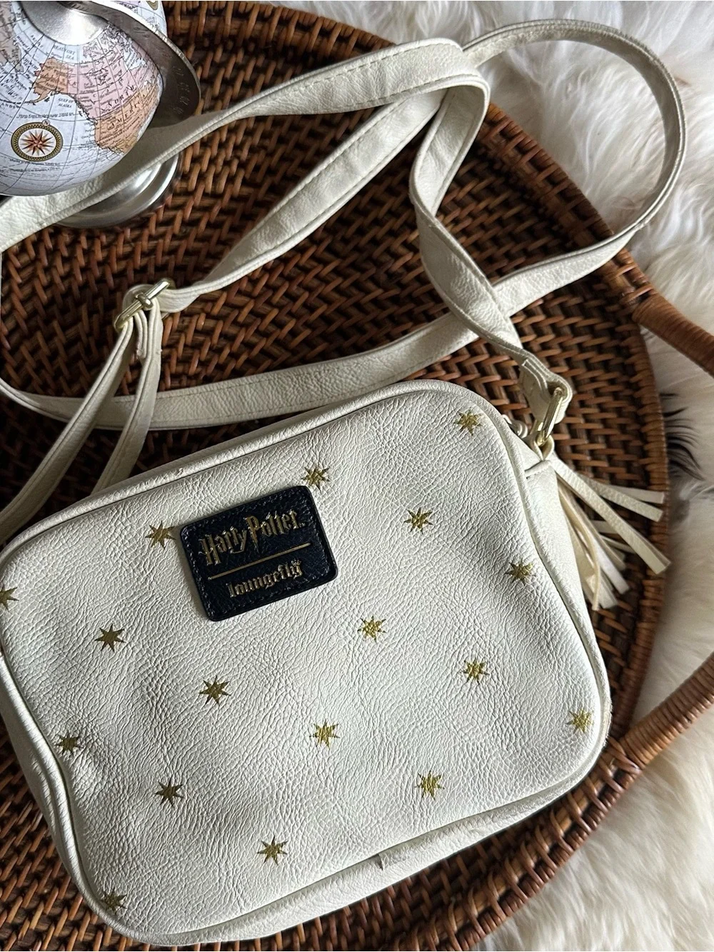 LOUNGEFLY Harry Potter Time Turner Cream Gold-Print Tassel Crossbody Bag